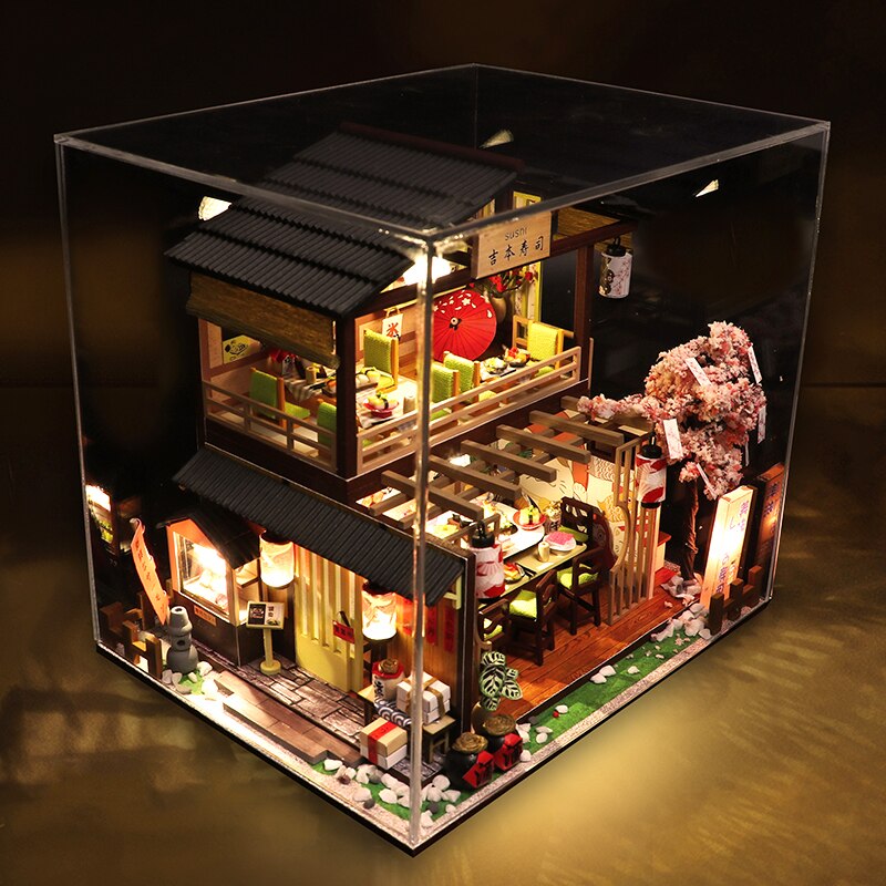 Casa de muñecas de madera con muebles para niños, arquitectura de Bar de Sushi japonés, casas de muñecas en miniatura, Juguetes DIY para niños
