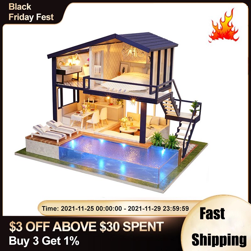 Casa de muñecas de madera en 3D, muebles para apartamento, ático, piscina, regalo para niños, juguetes educativos