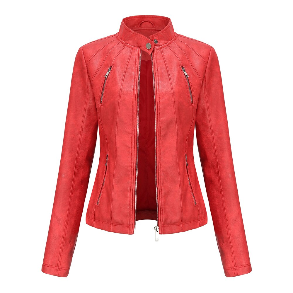 Chaqueta de Cuero con cremallera para Mujer, abrigo negro, rojo y marrón para motociclista, otoño y primavera, 2023