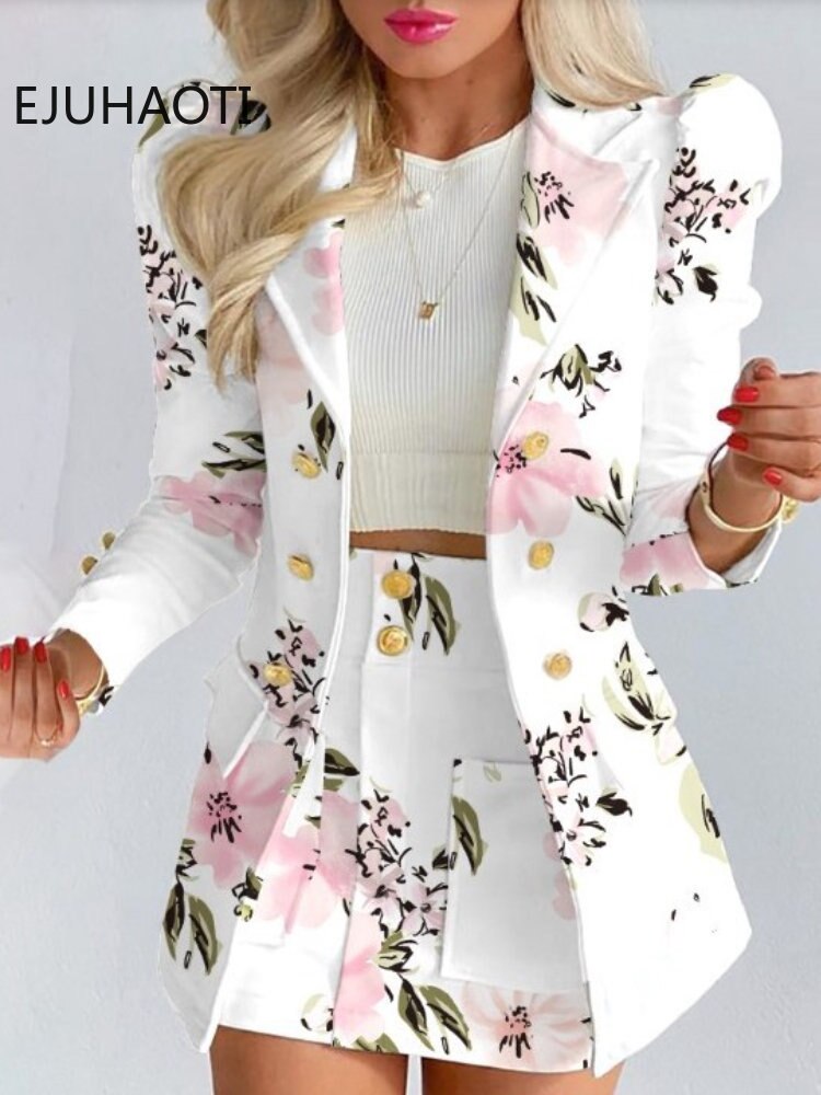 Chaqueta de manga larga con minifalda para mujer, traje de dos piezas, Blazer y conjunto de vestido, Color sólido, Primavera