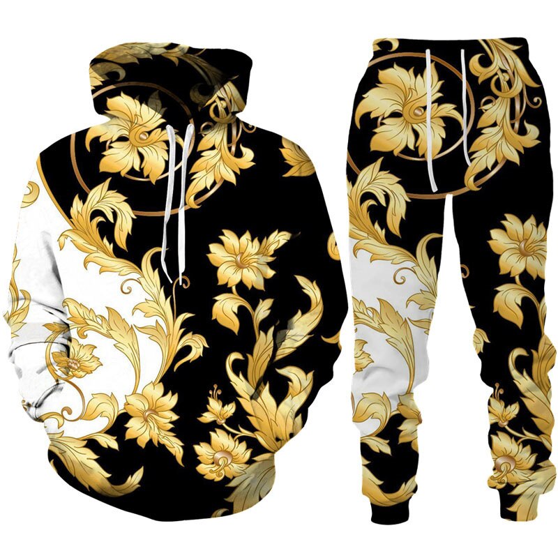 Conjunto de Sudadera con capucha y pantalones para hombre y mujer, chándal informal con estampado 3D de flores doradas, traje deportivo de moda para primavera y otoño