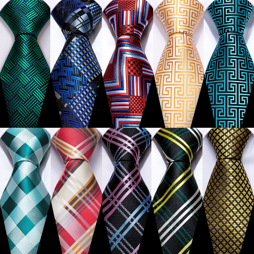 Conjunto de corbata tipo seda para hombre, corbata a cuadros de color azul, rojo, rosa, dorado, verde azulado, negro, corbata de negocios para hombre, pañuelo, gemelos, Barry. Wang