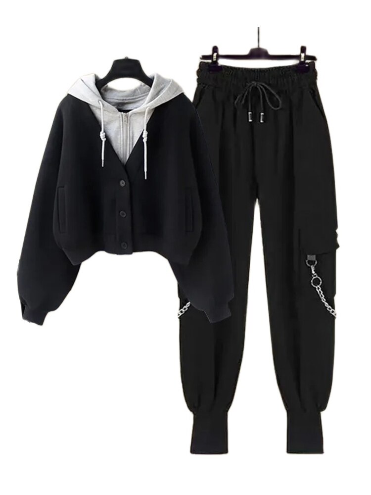 Conjunto de dos piezas de pantalones Cargo con capucha para mujer, ropa de calle holgada con cadena, abrigo holgado Harajuku y pantalones Cargo, otoño