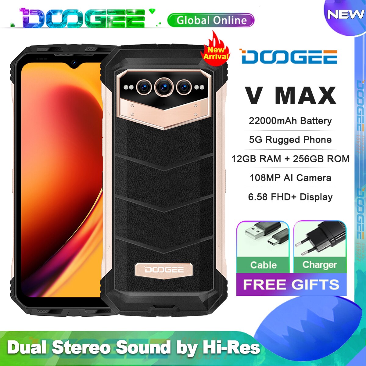 DOOGEE-teléfono inteligente 5G V Max, Smartphone resistente, 22000mAh,12GB + 256GB, cámara de 108MP, 120Hz, dimensión 1080, alta resolución, NFC