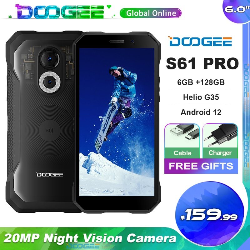 Doogee-teléfono inteligente S61 PRO, carcasa trasera reemplazable de 6,0 pulgadas, IP68/IP69K, cámara de visión nocturna, 6 + 128GB, cámara de 48MP, 5180mAh