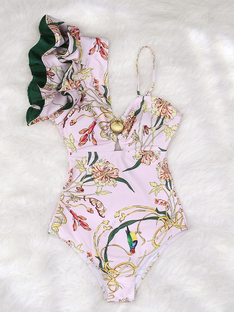 EDOLYNSA-Bikini estampado de cintura alta para mujer, traje de baño de una sola pieza con volantes, ropa de playa para verano, WD19882G, 2023