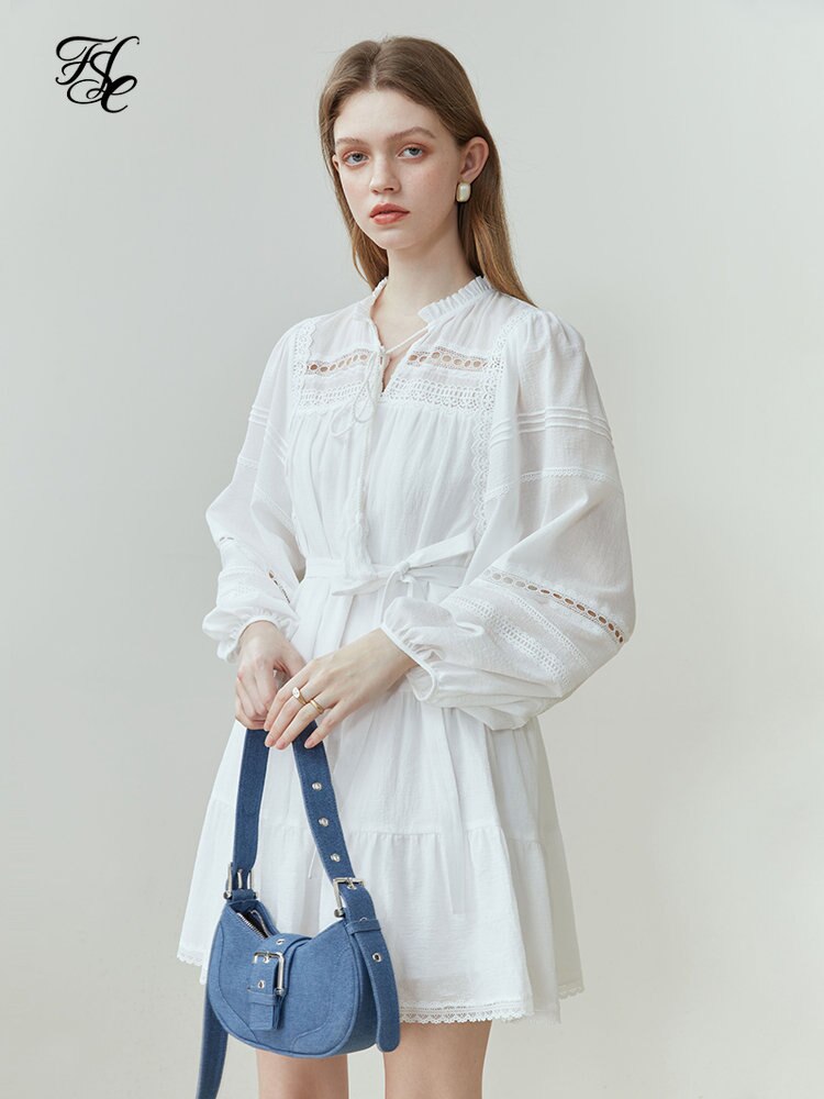 FSLE-vestido de mosaico de encaje blanco para mujer, ropa de primavera, línea A, suelta