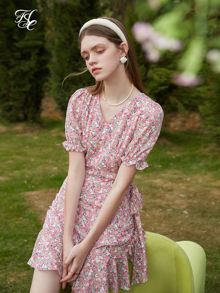 FSLE-vestido francés Floral para mujer, minifalda larga de gasa con cuello en V, sensación de vacaciones, verano, 2022