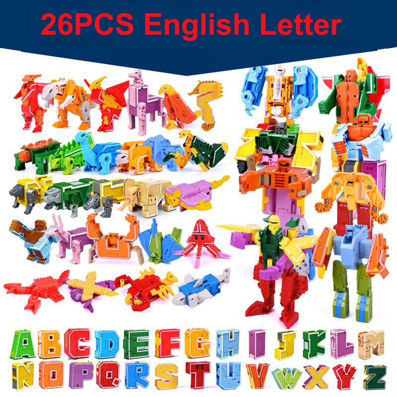 Figuras de acción de 26 GUDI, juguetes de bloques de construcción con letras del alfabeto inglés, transformable, Robot, dinosaurio, deformación, Animal, aprender, A-Z