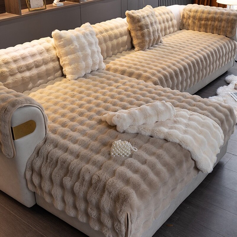 Funda de sofá de felpa gruesa de conejo, cubierta nórdica de Color sólido, toalla antideslizante, decoración de sala de estar