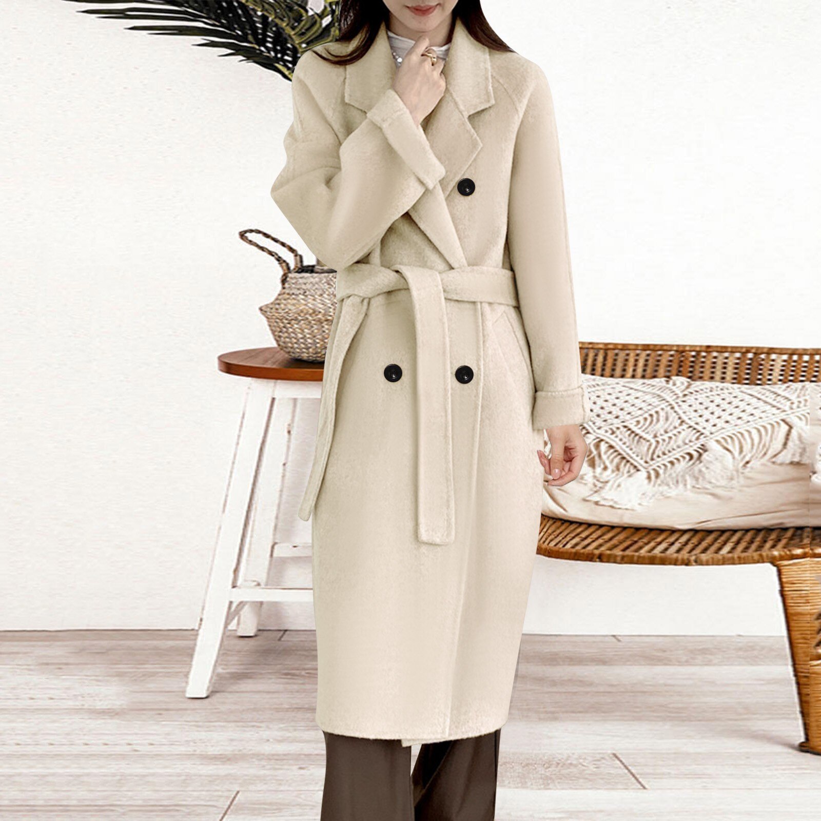 Gabardina de lana con cinturón para mujer, abrigo largo medio de doble botonadura, chaqueta con solapa, ropa de abrigo informal a la moda
