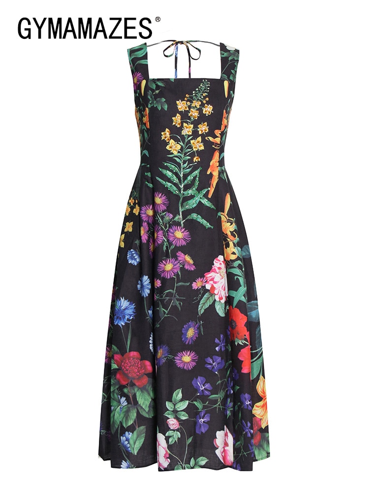 Gymazes-vestido Vintage sin mangas con estampado Floral para mujer, traje de tirantes con cuello cuadrado, sin mangas, cintura alta, 2023
