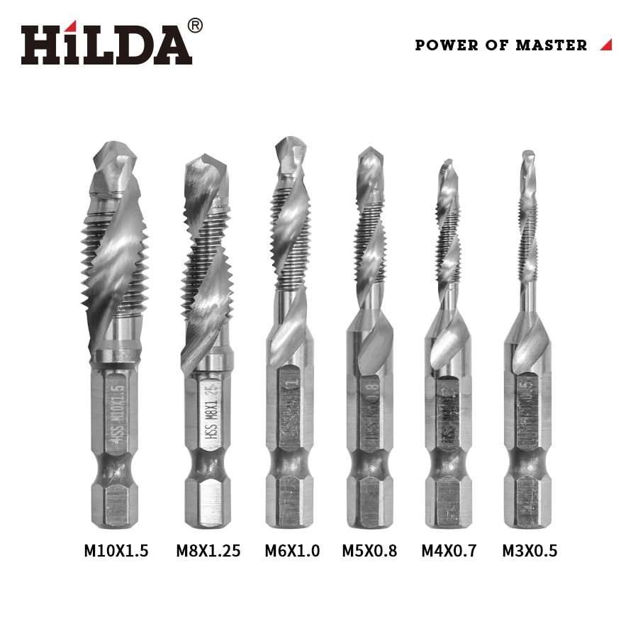 HILDA-Juego de brocas de grifo de rosca métrica, vástago hexagonal, tornillo HSS Chapado en titanio, máquina de tornillo de grifo compuesto, M3-M10, accesorio de herramienta de mano