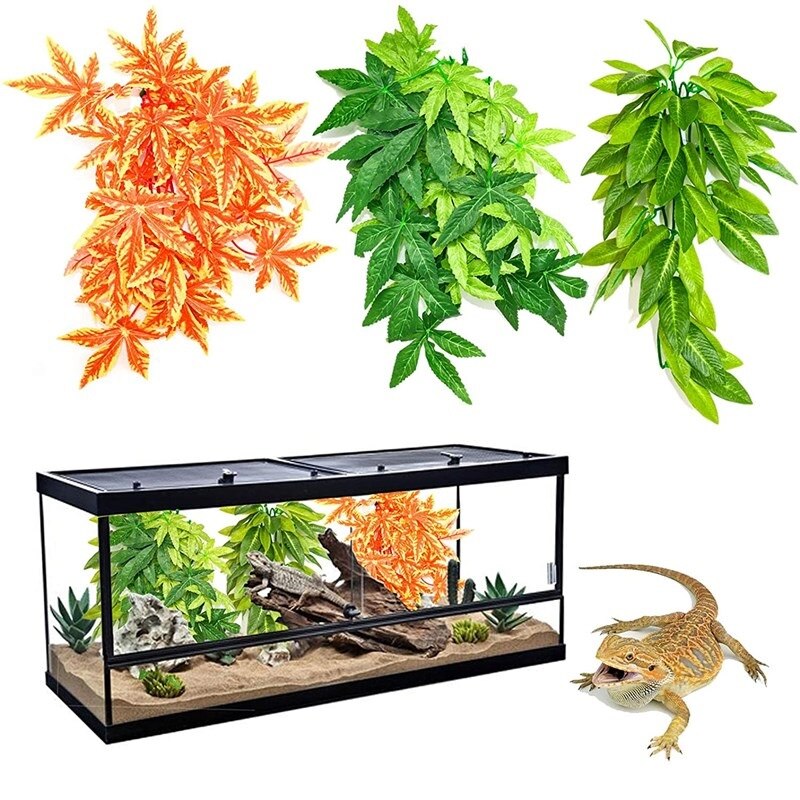 Hojas colgantes verdes de simulación para acuario, alimentador de reptiles, decoración de caja, vides de reptiles, hojas colgantes de Podos