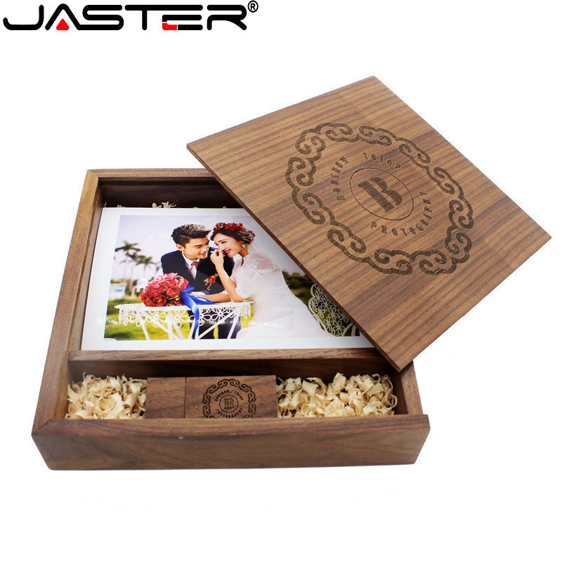 JASTER-unidad Flash USB de madera de nogal, álbum único de fotos, 1 piezas, con caja, 8GB, 16GB, 32GB, 64GB, 128GB, para fotografía
