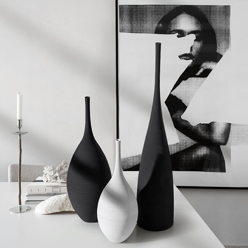 Jarrón de cerámica blanco y negro, diseño creativo Simple, decoración artística hecha a mano, modelo de sala de estar, decoración de habitación, decoración del hogar
