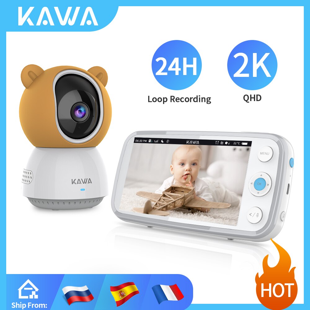 KAWA 2K monitores para bebés vigila con camara vigilancia con monitor de Audio y vídeo cámara inalámbrica con batería de 4000mAh, pantalla de 5 pulgadas, tarjeta TF, vision nocturna de 360 °Áudio bidirecional