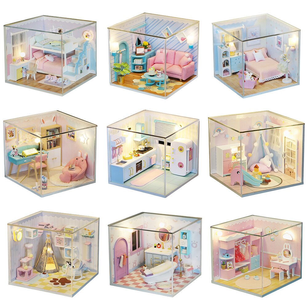 Kit de casa de muñecas con cubierta de polvo, muebles de modelo de ensamblaje Manual hechos a mano, casa de muñecas en miniatura de madera 3D, DIY