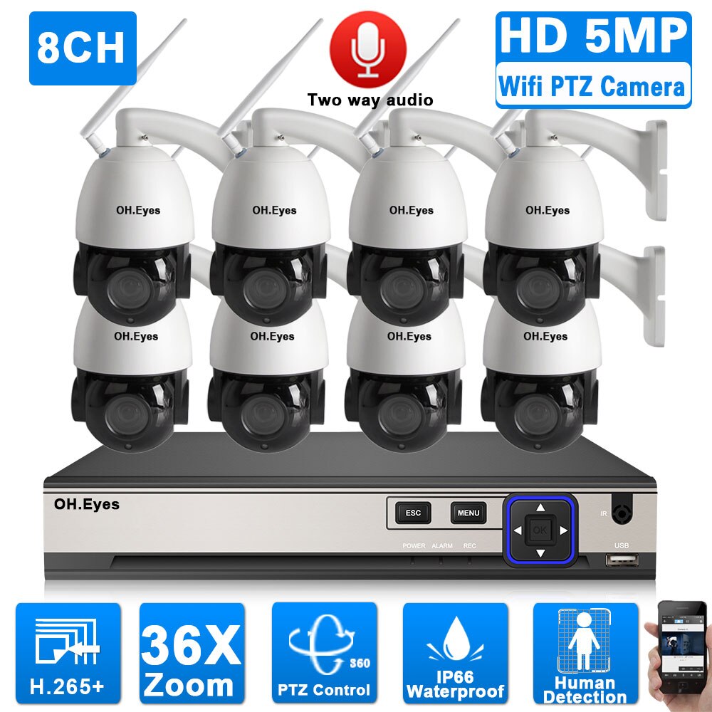 Kit de sistema de seguridad de cámara CCTV PTZ de 5MP, Audio bidireccional, 4K, 8 canales, POE, NVR, con 5MP, Wifi, cámara IP, 4 canales, Zoom 36X, Kit de videovigilancia