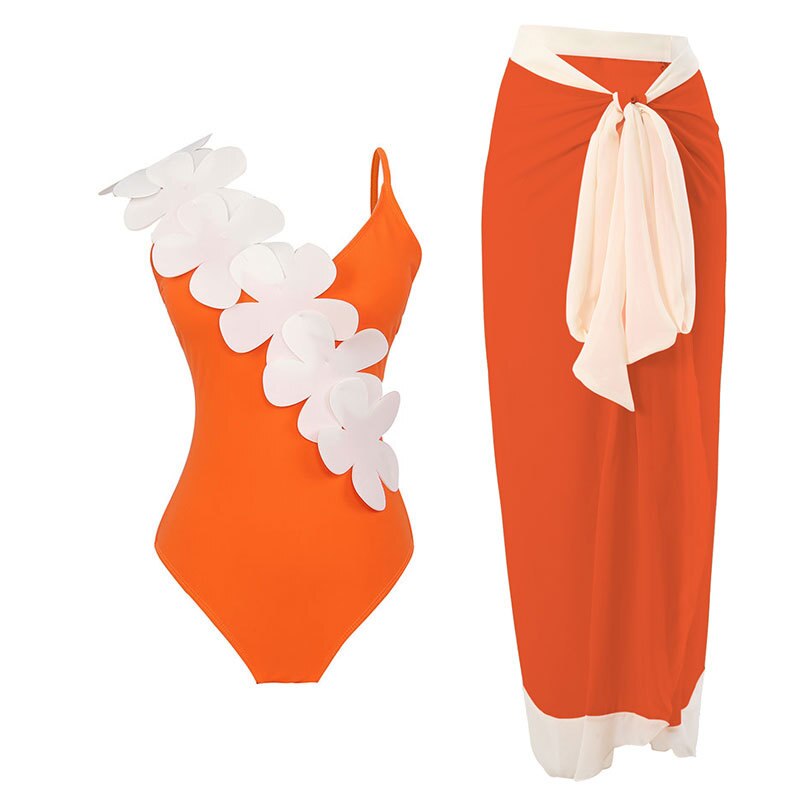 LANSWE-bañador de una pieza para mujer, traje de baño de un hombro con relleno de Color sólido, traje de baño femenino con flores, traje de baño