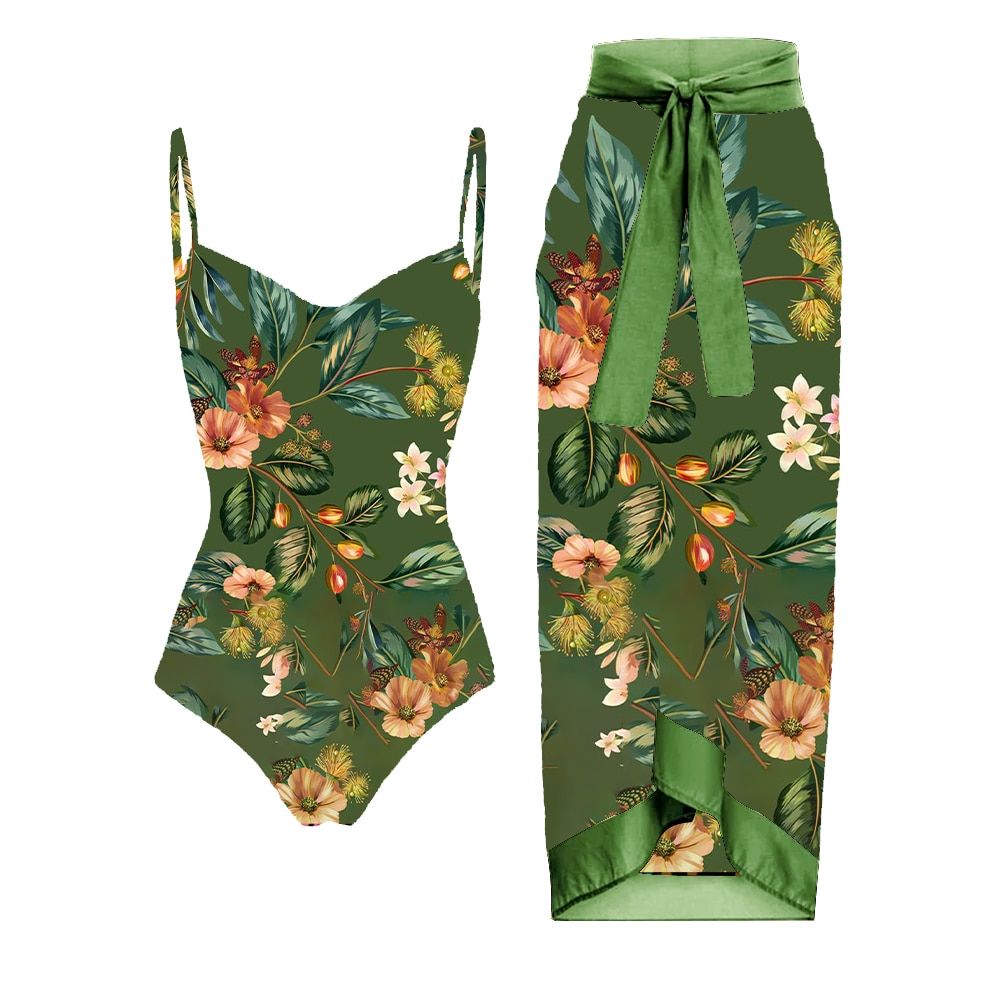 LANSWE-traje de baño de una pieza con estampado Floral verde para mujer, bañador Sexy de cintura alta, conjunto de ropa de baño para verano, novedad de 2023