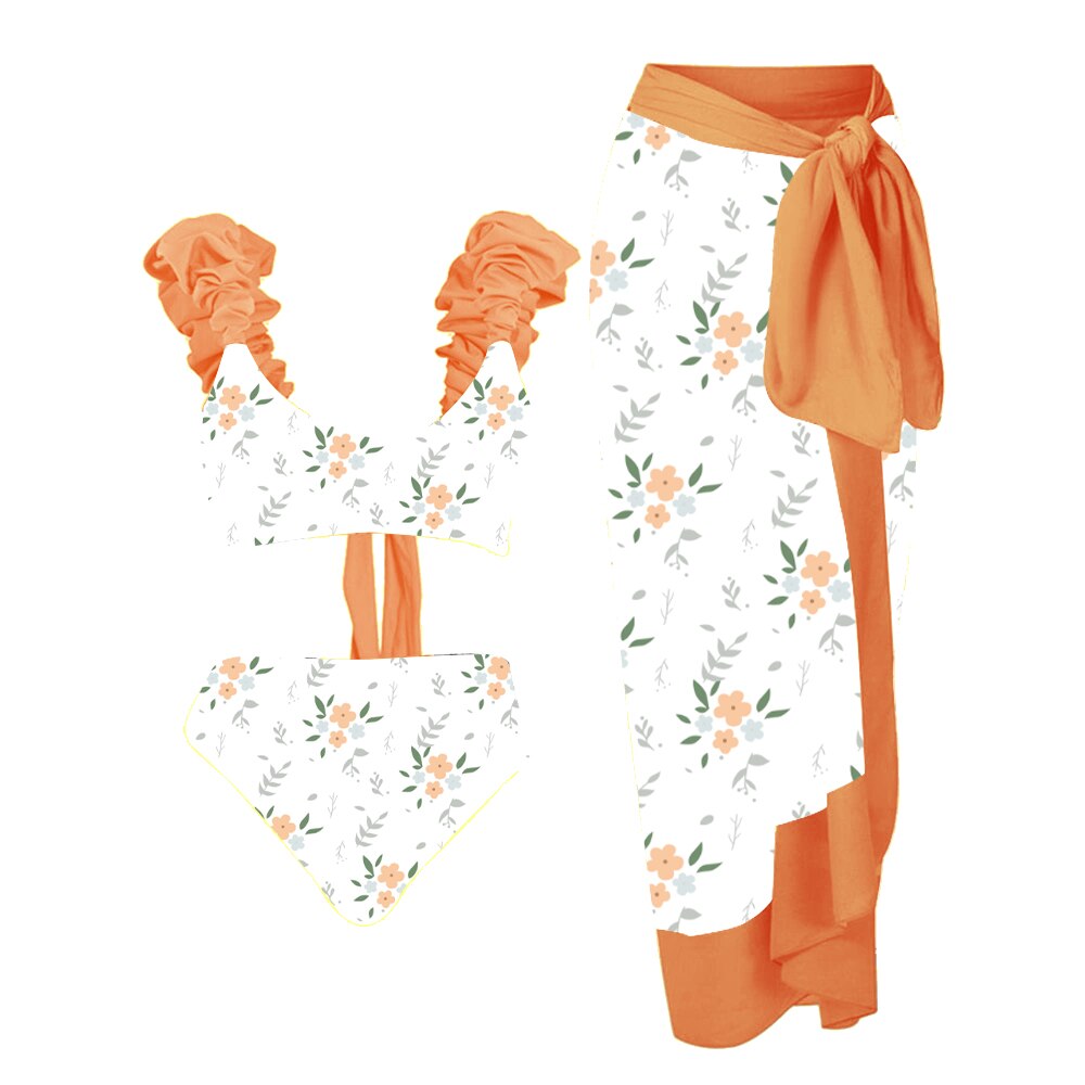 Lanswe-traje de baño de flores naranjas para mujer, conjunto de Bikini con temperamento, bañador Sexy brasileño para playa, Spa, 2023