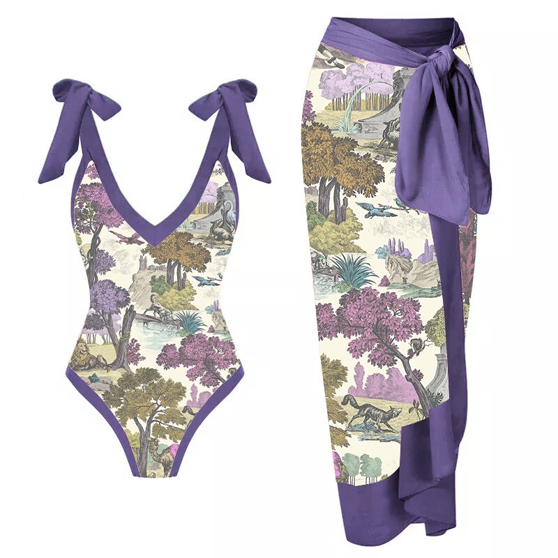 Lanswe-traje de baño de una pieza con estampado púrpura para mujer, bañador Retro con escote en V profundo, separa dos Bikinis, ropa de baño 2023, ropa de playa