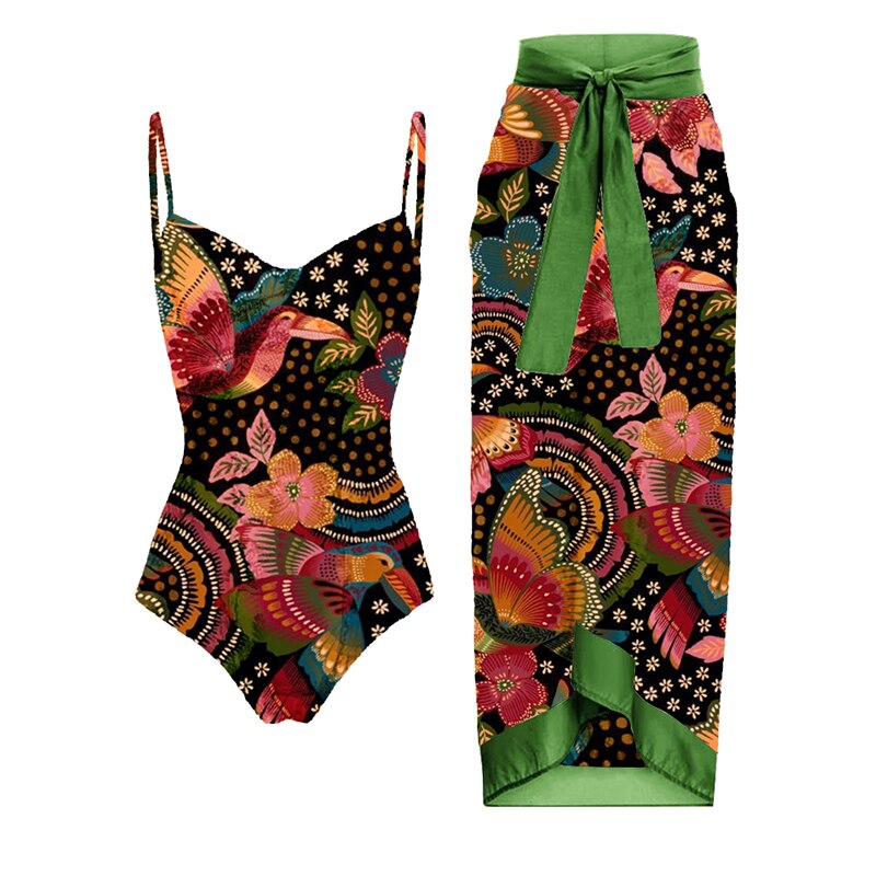 Lanswe-traje de baño de una pieza para mujer, bañador Retro de lujo con estampado colorido, delantal para cubrir Bikini, ropa de playa de moda de verano, traje de baño
