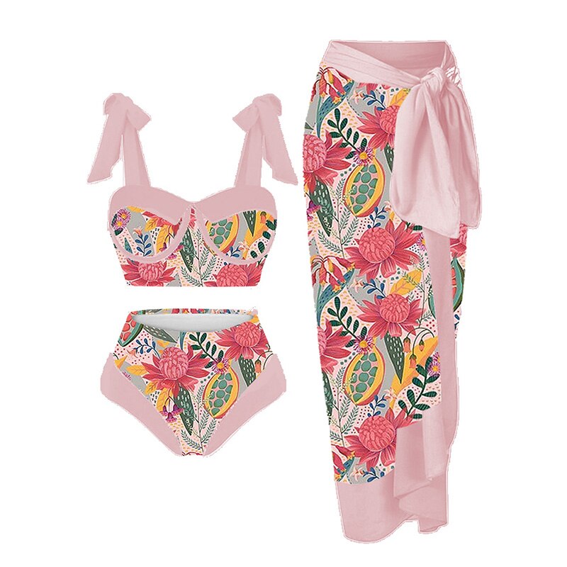 Lanswe-traje de baño dividido para mujer, conjunto de Bikini Vintage rosa con flores de caramelo, traje de baño brasileño Sexy para playa de verano 2023