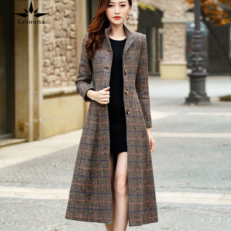 Leiouna-gabardina larga de lana a cuadros para mujer, abrigo informal de alta calidad, ropa de invierno