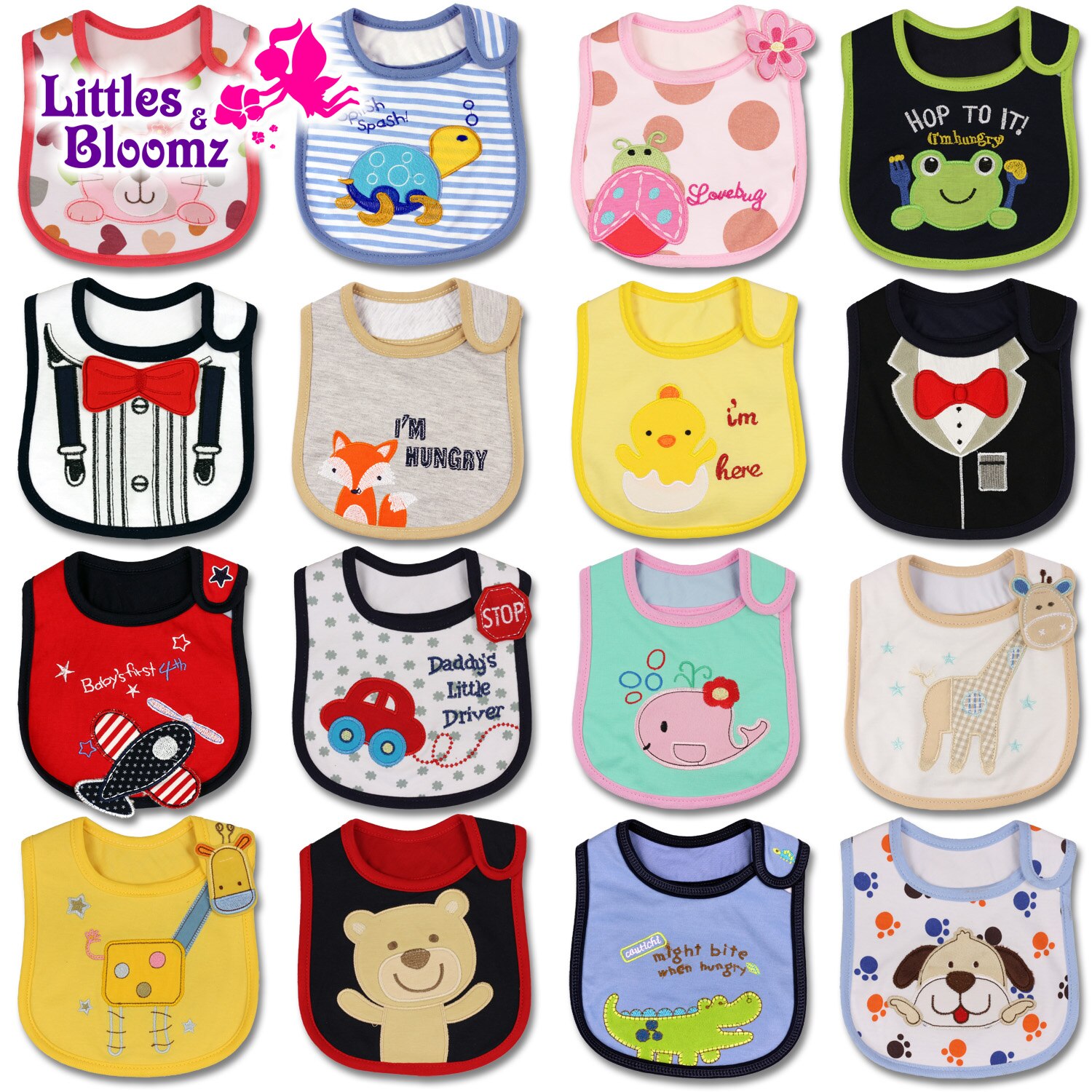 [Littles & Bloomz]-baberos de alimentación para bebé y niño, delantal impermeable, toalla de dibujos animados, baberos de cena para niños pequeños, pañuelos, paños para eructar