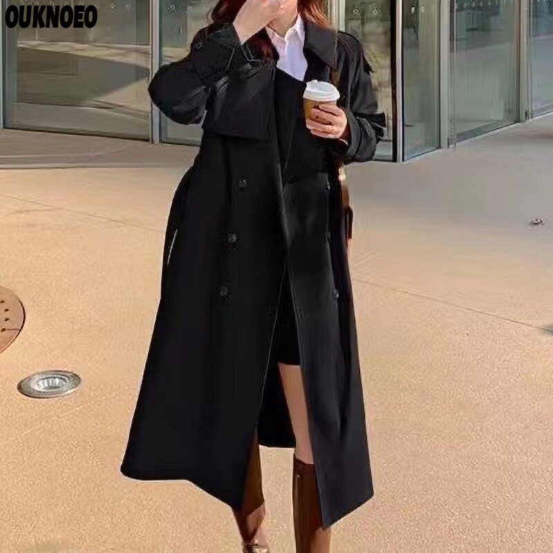 Luxusy-gabardina larga para mujer, chaqueta holgada informal de moda coreana, rompevientos Delgado, color negro, Otoño, 2023