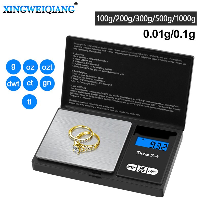 Mini báscula electrónica de bolsillo, balanza digital para joyería de plata de ley y oro, 100g, 200g, 300g, 500g, 1kg, 0,01g, 0,1g