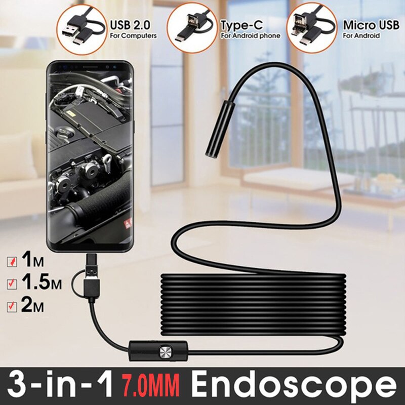 Mini cámara endoscópica USB tipo C, 7mm, 2m, 1m, 1,5 m, Cable duro Flexible, cámara de inspección de boroscopio de serpiente para teléfono inteligente Android y PC