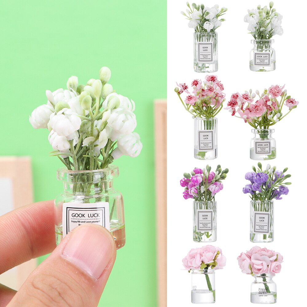 Mini jarrón de flores para casa de muñecas, accesorios de simulación, rosa, blanco, jazmín, escala 1:12, Mini arreglo Floral, modelo en miniatura, 1 unidad