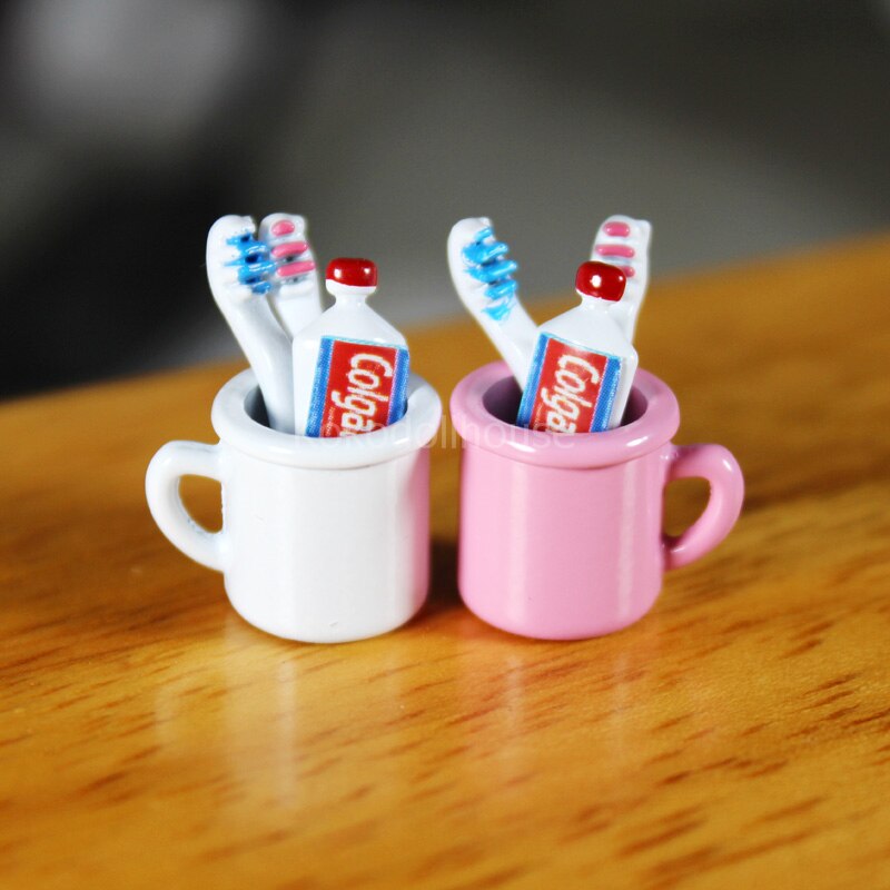 Mini taza de pasta de dientes en miniatura para casa de muñecas, cepillo de dientes para muleca tipo barbies, muebles de juguete, 1/6, 1/12