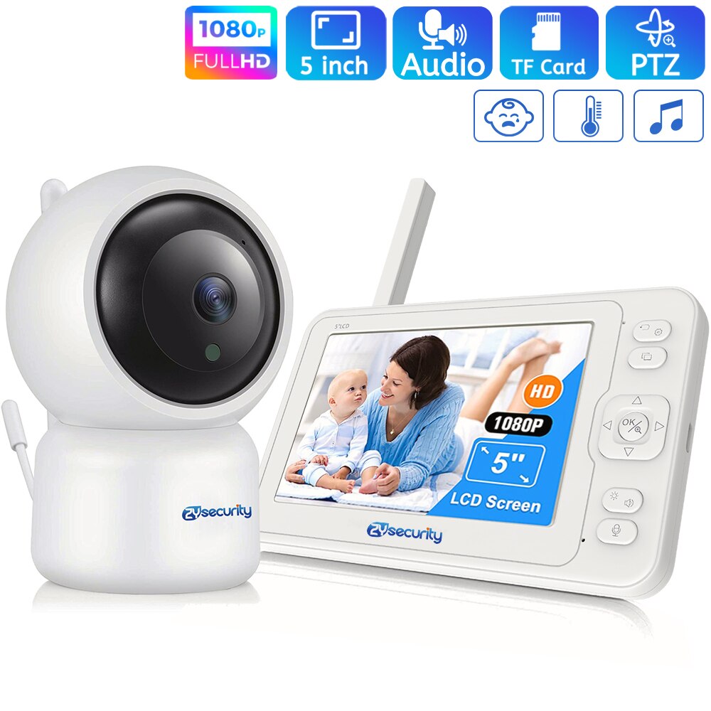 Monitor de bebé inalámbrico de 5 pulgadas, cámara de Audio de visión nocturna de 1080P para niñera, PTZ VOX, canción de cuna, tarjeta SD, reproducción de grabación, alarma de sonido térmico