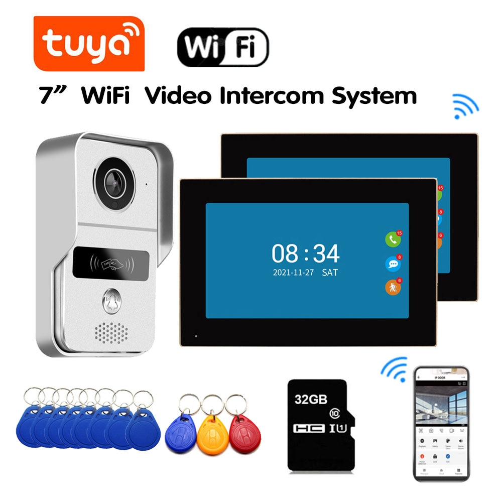 Monitor inteligente de 7 pulgadas con WiFi, timbre de puerta exterior, intercomunicador IP65, tarjeta inductiva, desbloqueo, cámara de teléfono