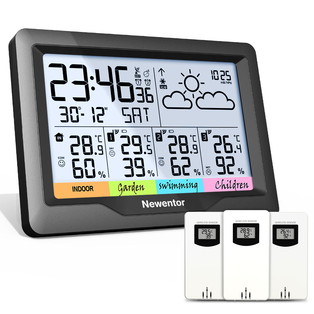 Newentor-estación meteorológica Digital inalámbrica Q5 para interiores y exteriores, higrotermómetro, pronóstico con 3 sensores, higrómetro, humedad y temperatura