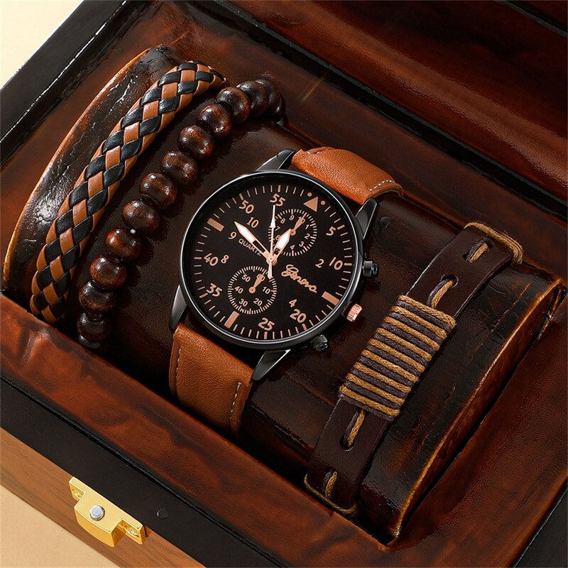 Nuevo reloj de pulsera de lujo para hombre, reloj de pulsera de cuarzo de cuero marrón a la moda de negocios, juego de regalo de Relogio Masculino