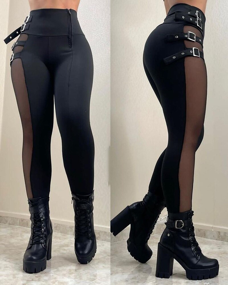 Pantalones de cintura alta con hebilla de parche de malla para mujer, negro, Color sólido, Sexy, moda informal, hasta el tobillo