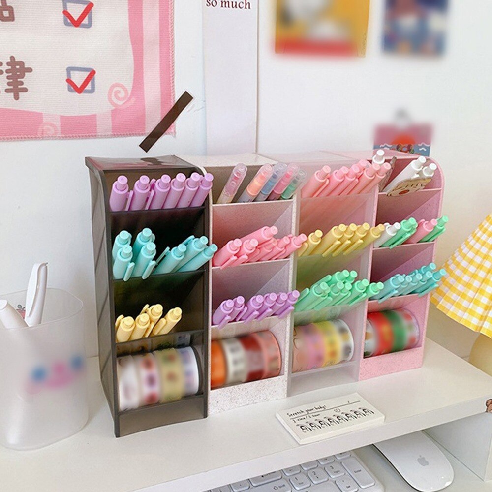 Portalápices de escritorio Kawaii, organizador de escritorio colorido japonés, caja de almacenamiento de lápices, papelería escolar linda, accesorios de oficina