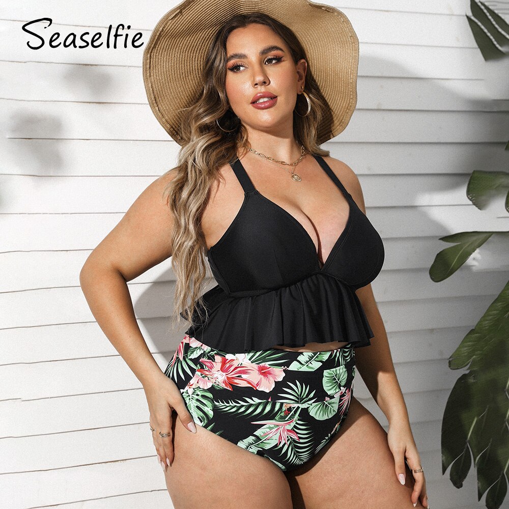 SEASELFIE-Conjunto de Bikini de cintura alta para mujer, traje de baño de dos piezas, Sexy, verde y Floral, con volantes, 2023