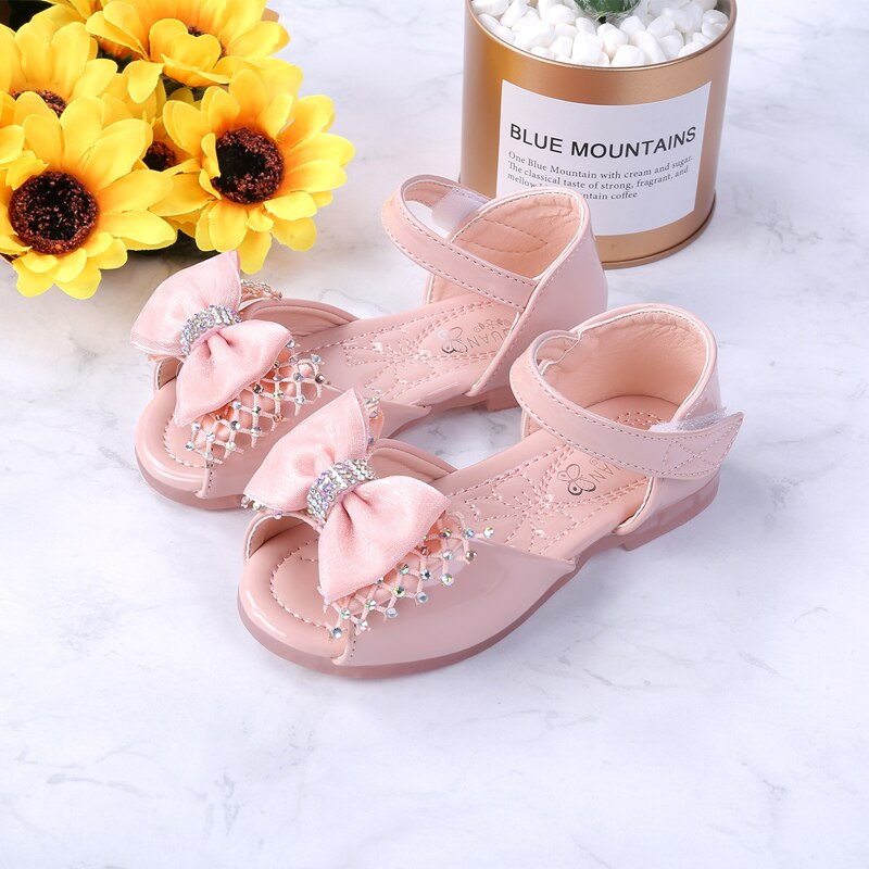 Sandalias de punta para niña, zapatos planos de suela suave con lazo decorativo y lentejuelas, color rosa/Beige