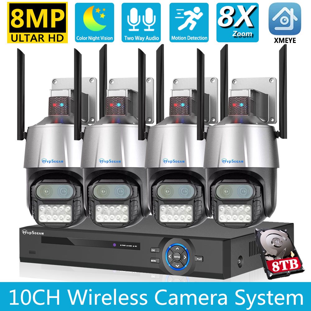Sistema de cámara de vigilancia inalámbrica, sistema de seguridad NVR, 8CH, 4K, Wifi, PTZ, Zoom 8X, lente Dual, 8MP, 10CH, POE