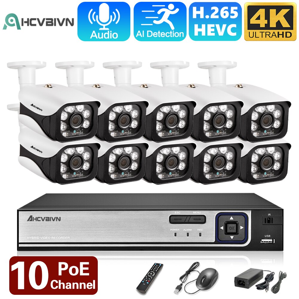 Sistema de cámaras de seguridad para el hogar, Kit de Videovigilancia IP, P2P, 4K, Ultra HD, 8MP, 10 canales, POE, NVR, calle al aire libre, 8 canales