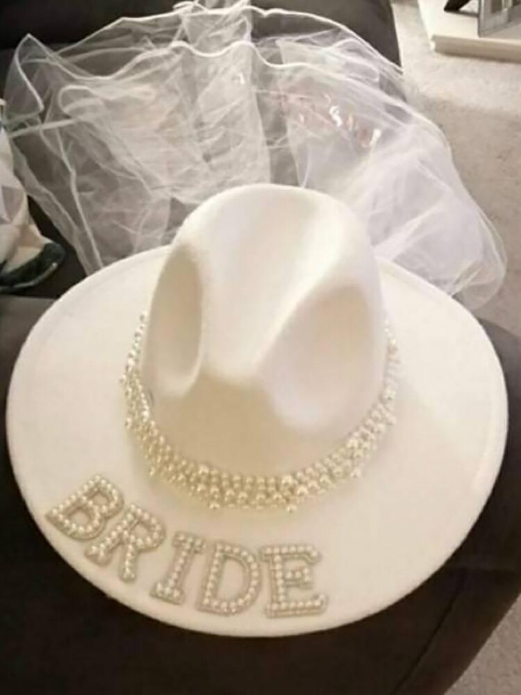 Sombrero de velo de vaquero con perlas para novia, decoración para fiesta de despedida de soltera, discoteca, espacio occidental, país, boda