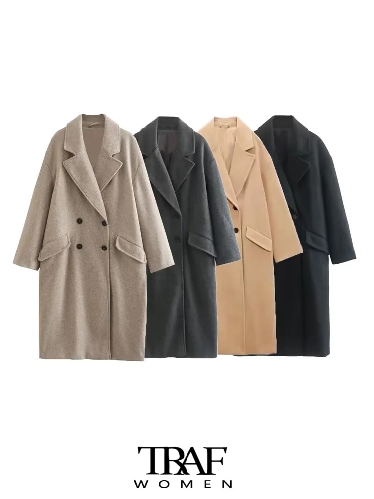 TRAF-abrigo de lana con doble botonadura para mujer, abrigo Vintage de manga larga con bolsillos y solapa, prendas de vestir exteriores elegantes, a la moda