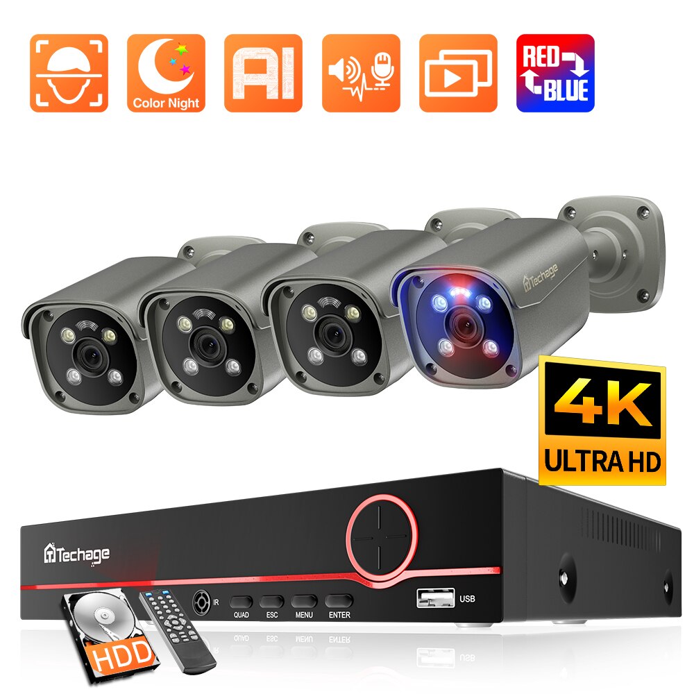 Techage-sistema de cámaras de vigilancia, Kit de detección humana, luz roja, alarma, P2P, vídeo, Audio, CCTV, H.265, 8 canales, PoE, NVR, 4K, 8MP