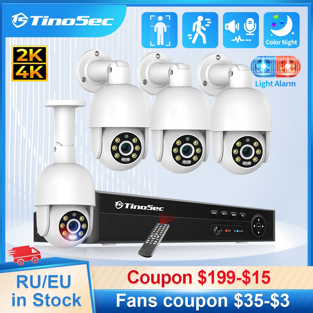 TinoSec-cámara CCTV PTZ H.265 de 8 canales, UHD, 4K, POE, sistema de cámaras de seguridad, AI, 4MP, 5MP, detección humana, seguimiento automático, Kit de videovigilancia
